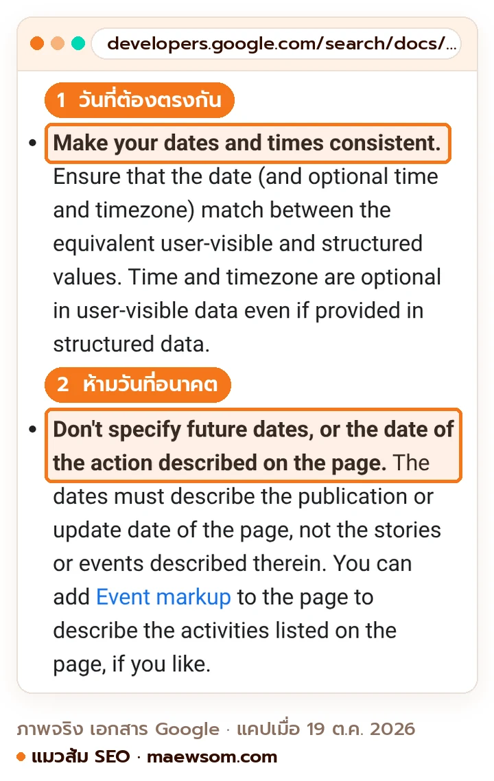 ภาพหน้าจอเอกสาร Google Search Central เรื่อง byline date ข้อแนะนำให้วันที่บนหน้าตรงกับ structured data และห้ามใส่วันที่ในอนาคต