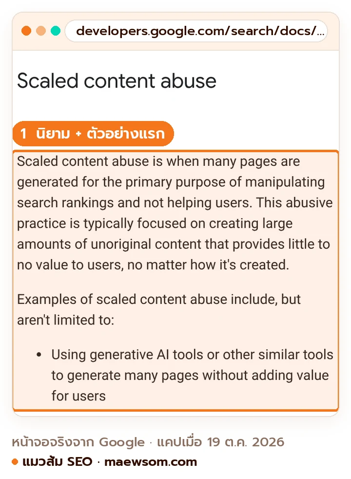 ภาพหน้าจอหน้า Spam policies ของ Google ส่วน Scaled content abuse นิยามว่าใช้กับเนื้อหาไร้คุณค่าไม่ว่าสร้างด้วยวิธีใด และตัวอย่างแรกคือการใช้ generative AI สร้างหลายหน้าโดยไม่เพิ่มคุณค่าให้ผู้ใช้
