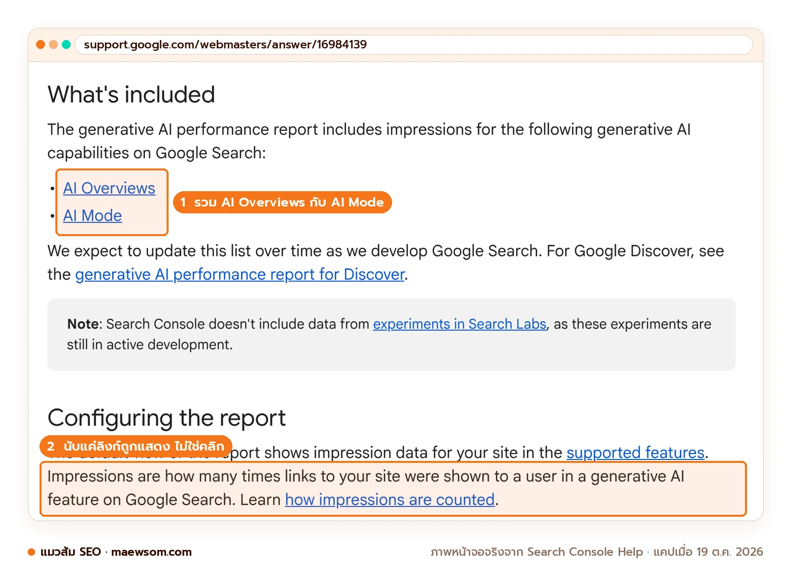 ภาพหน้าจอจริงจากหน้าช่วยเหลือ Search Console เรื่องรายงาน Generative AI performance ระบุว่ารวม impressions จาก AI Overviews และ AI Mode และนิยาม impressions ว่าคือจำนวนครั้งที่ลิงก์ไปเว็บถูกแสดงในฟีเจอร์ AI