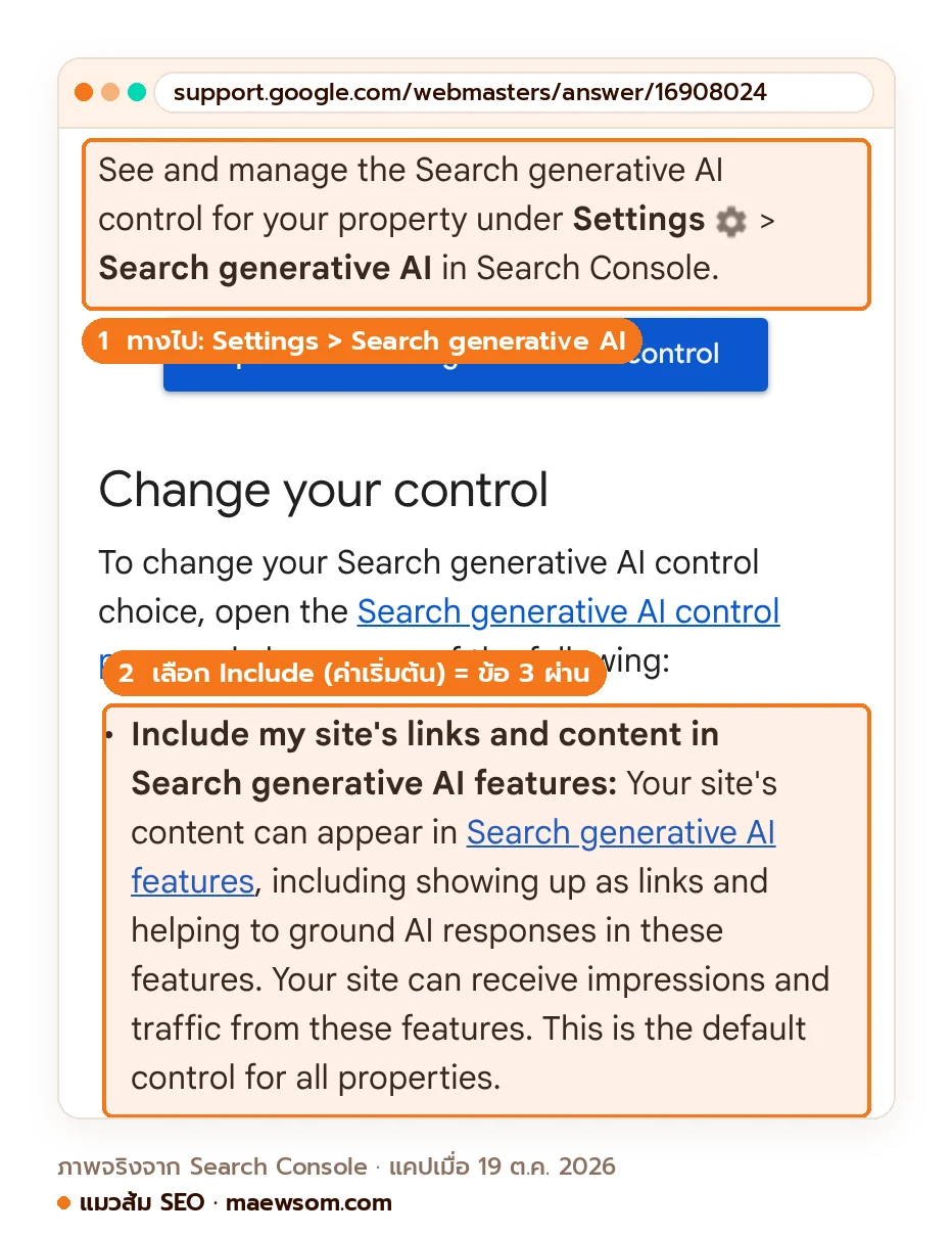 ภาพหน้าจอจริงจาก Search Console Help บอกทางไปเมนู Settings › Search generative AI และตัวเลือก Include ซึ่งเป็นค่าเริ่มต้นที่ทำให้เว็บมีสิทธิ์ขึ้น AI Overviews และ AI Mode