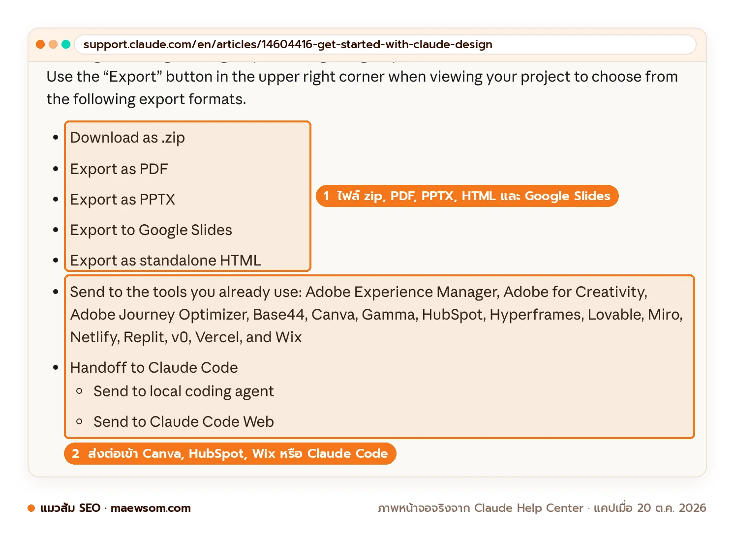 หน้าช่วยเหลือ Claude Design รายการ export 5 แบบ คือ .zip, PDF, PPTX, Google Slides และ standalone HTML พร้อมรายชื่อเครื่องมือที่ส่งต่อได้ เช่น Canva, HubSpot, Wix และการส่งต่อให้ Claude Code