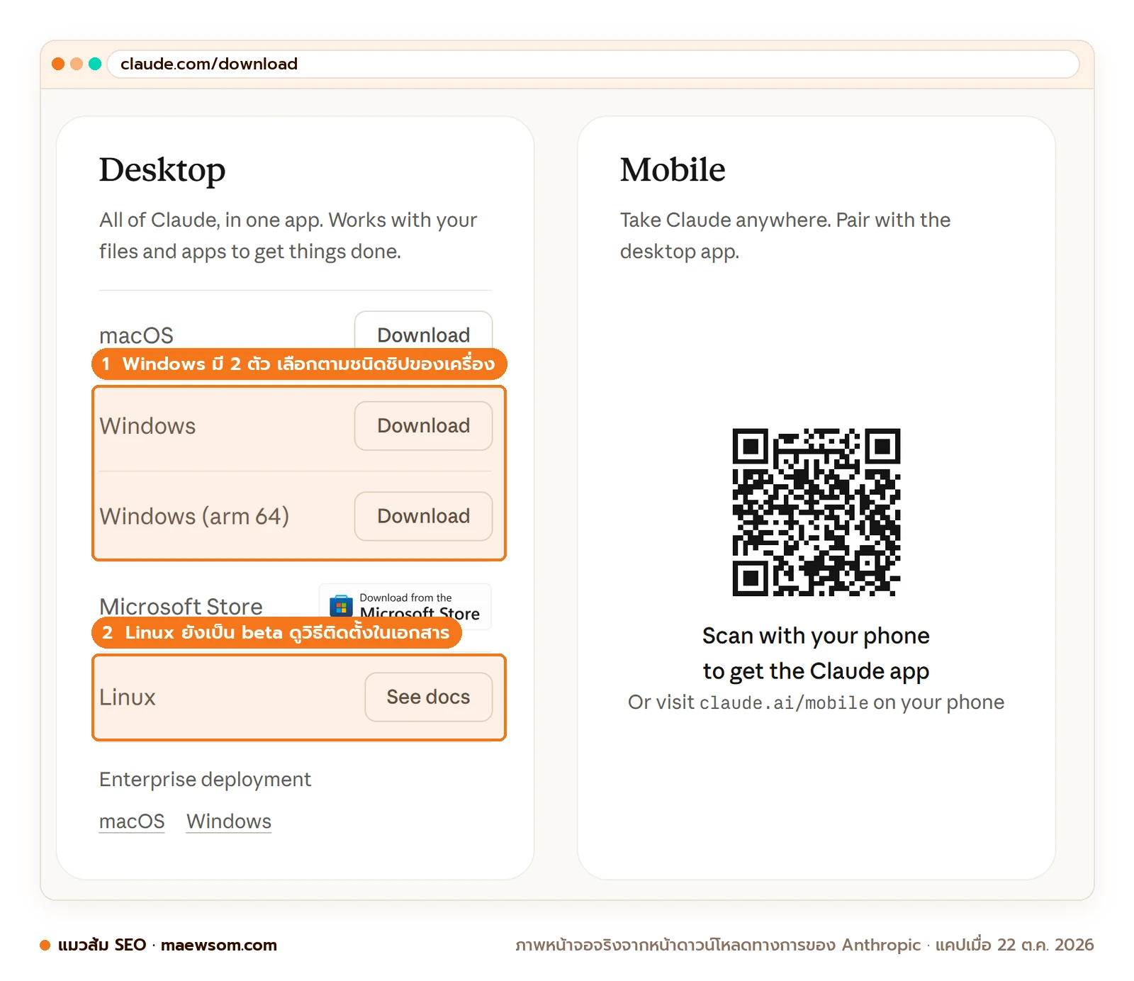 ภาพหน้าจอจริงหน้า claude.com/download วันที่ 22 ต.ค. 2026 ส่วน Desktop มีปุ่มดาวน์โหลด macOS, Windows, Windows arm64, Microsoft Store และ Linux ที่ต้องดูเอกสาร ไฮไลต์ว่า Windows มีสองตัวให้เลือกตามชิปของเครื่อง และ Linux ยังเป็น beta