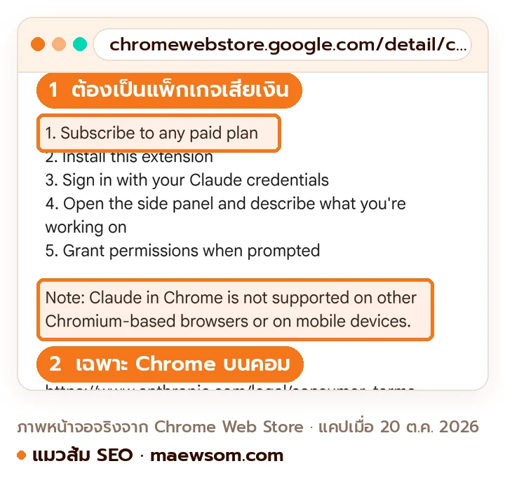 หน้า Claude ใน Chrome Web Store หัวข้อ Getting started 5 ขั้น เริ่มจากสมัครแพ็กเกจเสียเงิน และหมายเหตุว่าไม่รองรับเบราว์เซอร์ Chromium อื่นและมือถือ