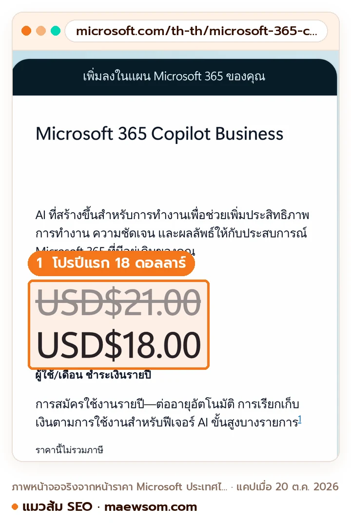 ภาพหน้าจอจริงจากหน้าราคา Microsoft ประเทศไทย แสดง Business Premium กับ Copilot 32 ดอลลาร์ Business Standard กับ Copilot 23.50 ดอลลาร์ และ Microsoft 365 Copilot Business ลดจาก 21 เหลือ 18 ดอลลาร์ต่อผู้ใช้ต่อเดือน จ่ายรายปี ไม่รวมภาษี
