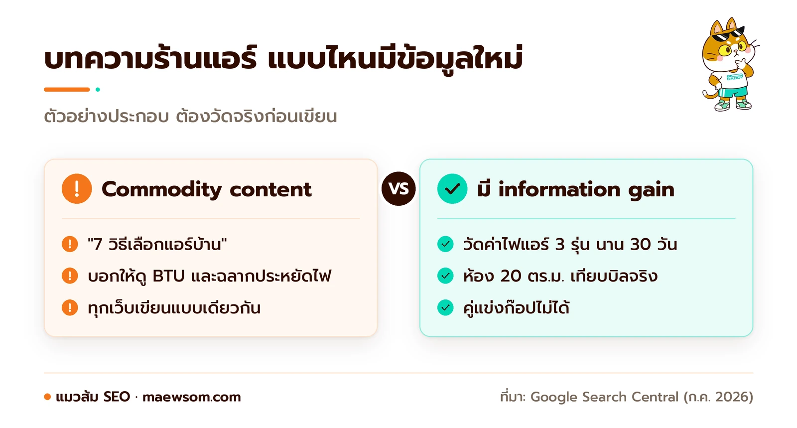 แผนภาพเทียบบทความร้านแอร์ ฝั่ง commodity คือ 7 วิธีเลือกแอร์บ้านที่บอกให้ดู BTU และฉลากประหยัดไฟเหมือนทุกเว็บ ฝั่ง information gain คือการวัดค่าไฟแอร์ 3 รุ่นในห้อง 20 ตารางเมตรนาน 30 วันแล้วเทียบบิลจริง