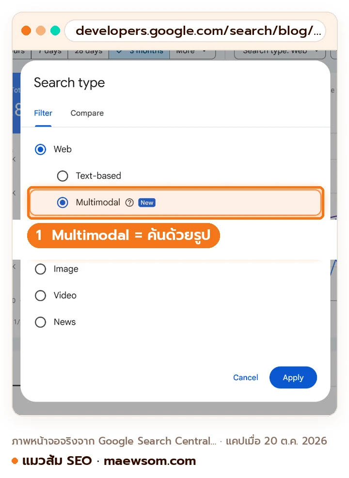 ภาพหน้าจอจริงจากประกาศของ Google Search Central Blog 24 กันยายน 2026 ระบุว่าข้อมูล multimodal นับการค้นด้วย Lens, Circle to Search, การอัปโหลดรูป และ Chrome พร้อมหน้าต่าง Search type ใน Search Console ที่มีตัวเลือก Text-based และ Multimodal ใต้ Web