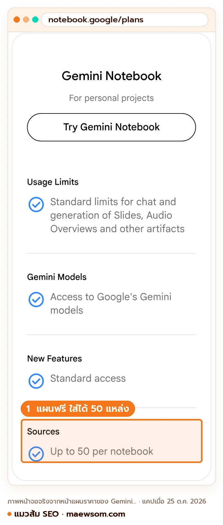 หน้าแผนราคา Gemini Notebook เทียบ 4 แผน แผนฟรีใส่แหล่งได้ 50 ต่อสมุด Google AI Plus 100 Pro 300 Ultra สูงสุด 600 และโควตาใช้งานที่เพิ่มขึ้นตามแผน