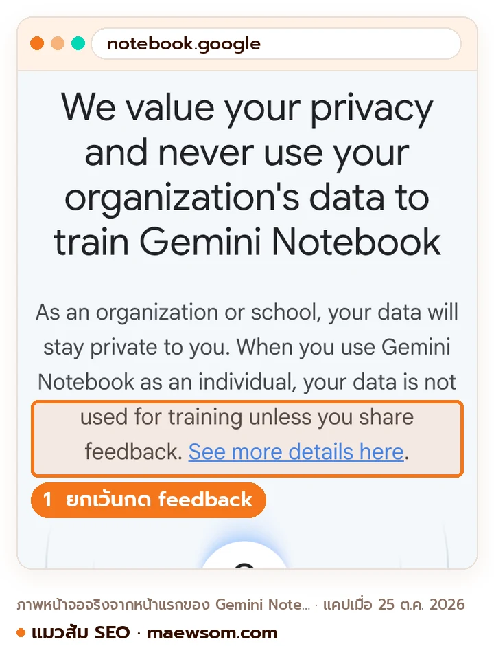 หน้าแรก Gemini Notebook เขียนว่าไม่ใช้ข้อมูลองค์กรเทรน ส่วนบัญชีส่วนตัวไม่ถูกใช้เทรน เว้นแต่ผู้ใช้กดส่ง feedback