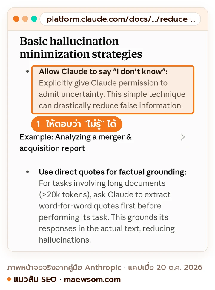 คู่มือ Reduce hallucinations ของ Anthropic แนะนำให้อนุญาต Claude ตอบว่าไม่รู้ และให้ยกข้อความคำต่อคำก่อนตอบ
