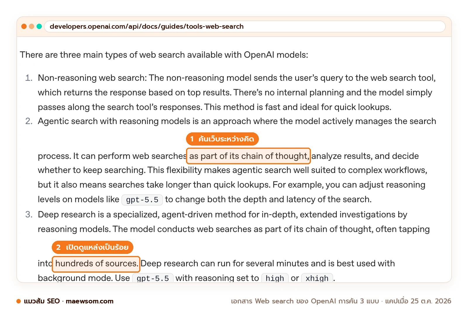 ภาพหน้าจอจริงเอกสาร Web search ของ OpenAI แบ่งการค้นเป็น 3 แบบ agentic search ค้นเว็บระหว่างคิด และ deep research มักเปิดดูแหล่งเป็นร้อย แคปเมื่อ 25 ต.ค. 2026
