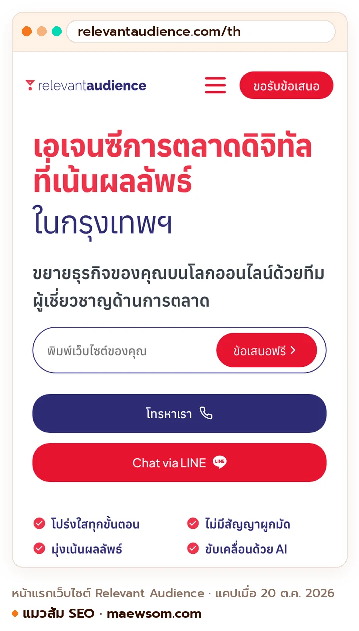 ภาพหน้าจอจริงของหน้าแรกเว็บไซต์ Relevant Audience (relevantaudience.com/th) แคปเมื่อ 20 ต.ค. 2026