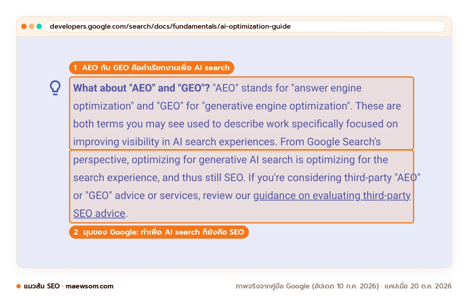 ภาพหน้าจอจริงจากคู่มือ Google หัวข้อ What about AEO and GEO ระบุว่า AEO และ GEO เป็นคำเรียกงานเพื่อการมองเห็นใน AI search และในมุมของ Google การทำเพื่อ AI search ก็ยังคือ SEO