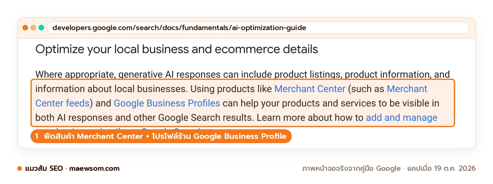 ภาพหน้าจอคู่มือ Google Search Central หัวข้อ Optimize your local business and ecommerce details ระบุว่า Merchant Center feeds และ Google Business Profiles ช่วยให้สินค้าและบริการปรากฏในคำตอบ AI และผลค้นหาอื่น