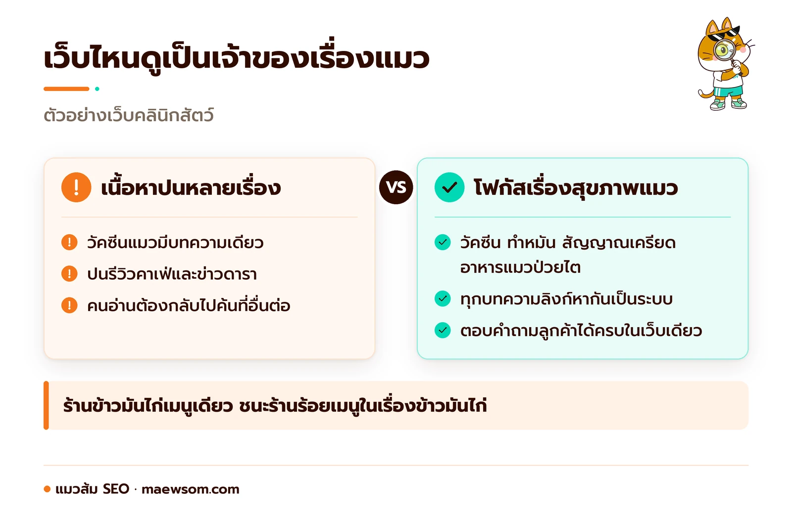 เทียบเว็บคลินิกสัตว์สองแบบ แบบแรกมีบทความวัคซีนแมวชิ้นเดียวปนเรื่องอื่น แบบที่สองมีบทความดูแลสุขภาพแมวหลายเรื่องเชื่อมลิงก์กัน