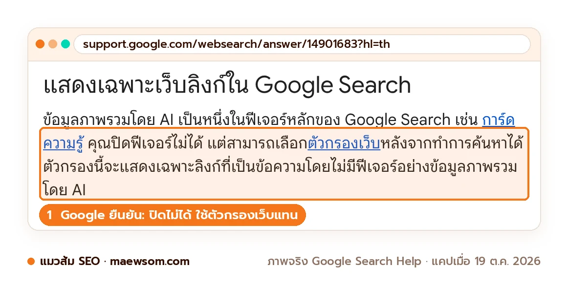 ภาพหน้าจอจริงจากหน้าช่วยเหลือ Google Search ภาษาไทย ระบุว่าข้อมูลภาพรวมโดย AI เป็นฟีเจอร์หลัก คุณปิดฟีเจอร์ไม่ได้ แต่เลือกตัวกรองเว็บหลังค้นหาได้