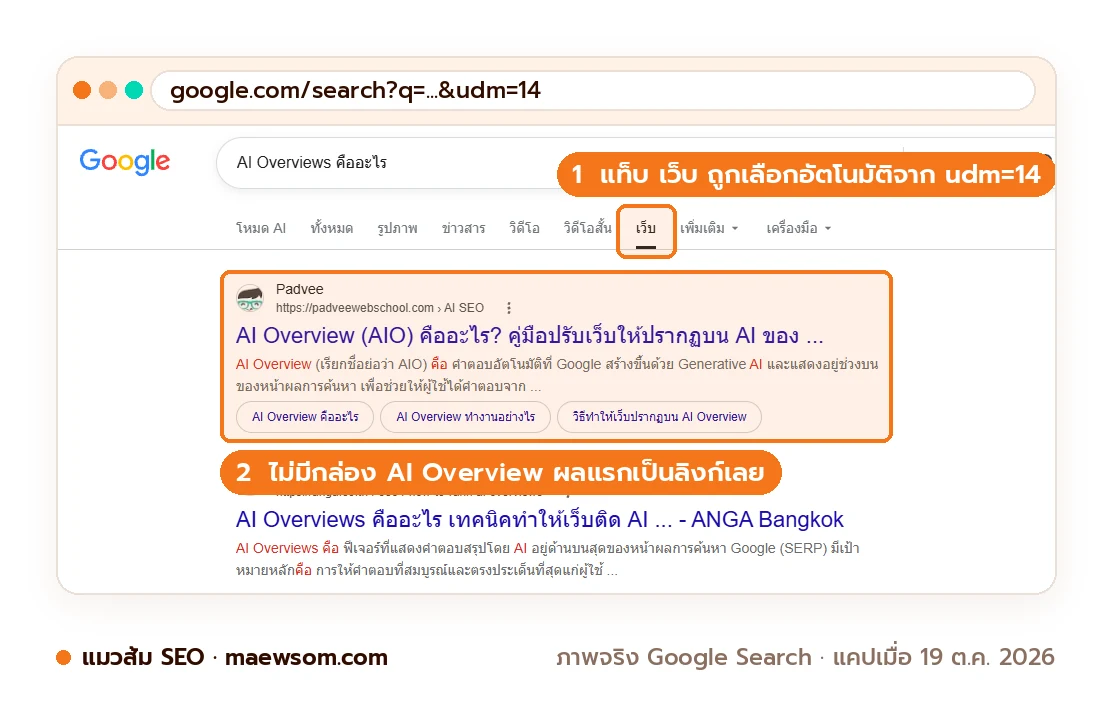 ภาพหน้าจอจริงผลค้นหา Google คำว่า AI Overviews คืออะไร ที่เติม udm=14 ท้าย URL แท็บเว็บถูกเลือกและไม่มีกล่อง AI Overview ผลแรกเป็นลิงก์เว็บ ถ่ายเมื่อ 19 ต.ค. 2026